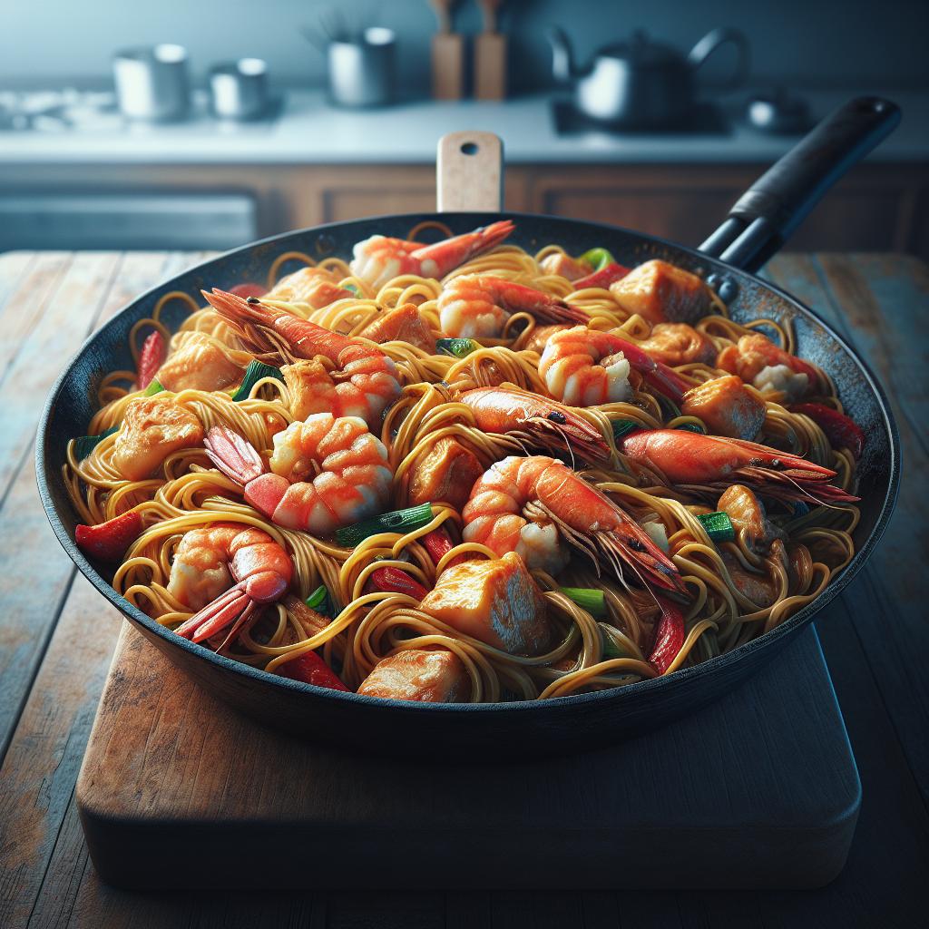 Fideos con pollo y gambas