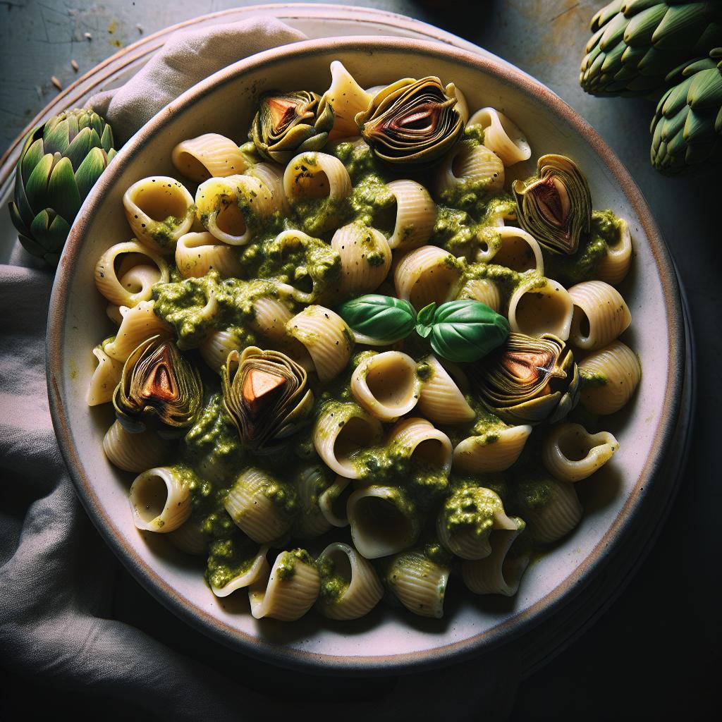 Orecchiette al pesto de avellanas y alcachofas