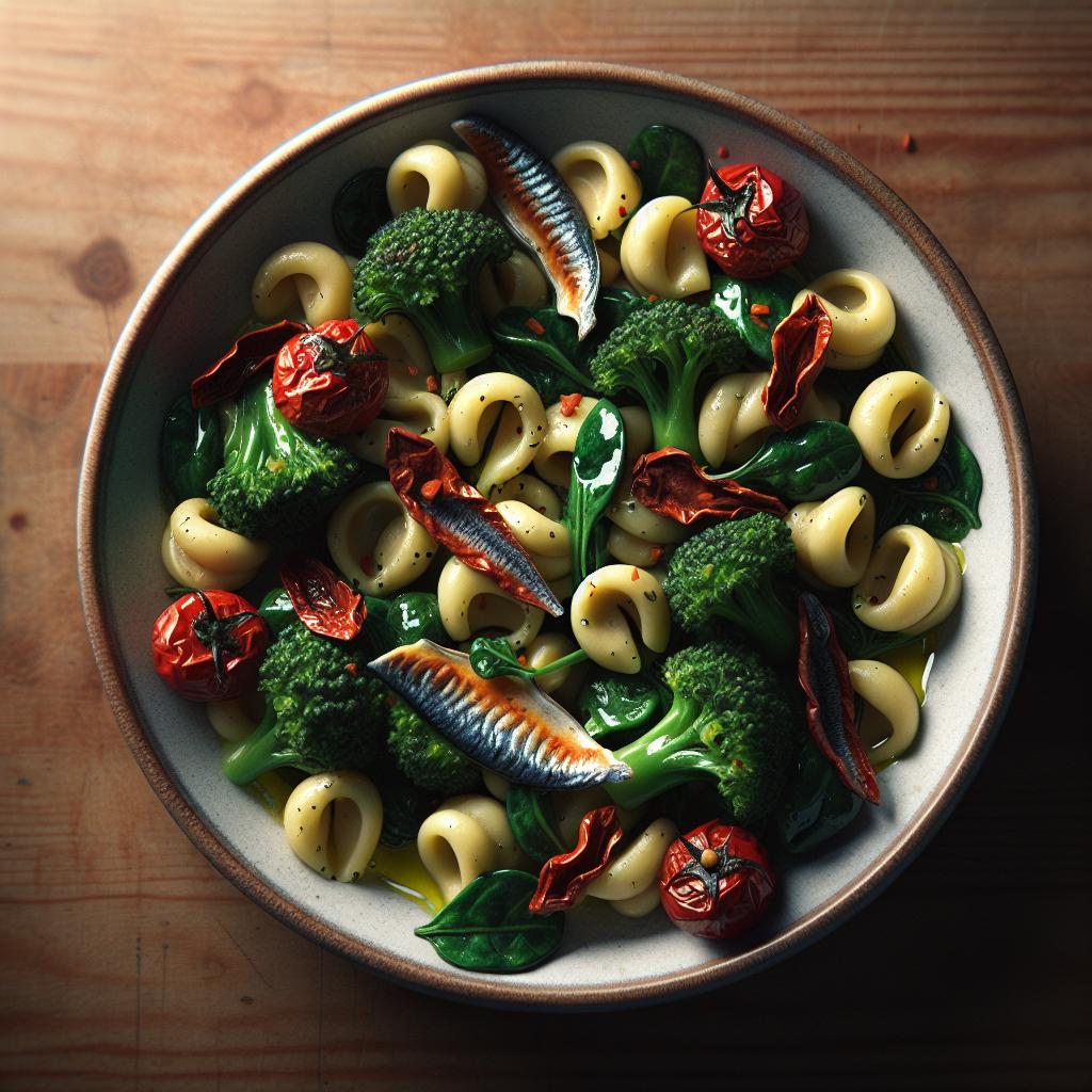 Orecchiette con brócoli, anchoas y tomates secos
