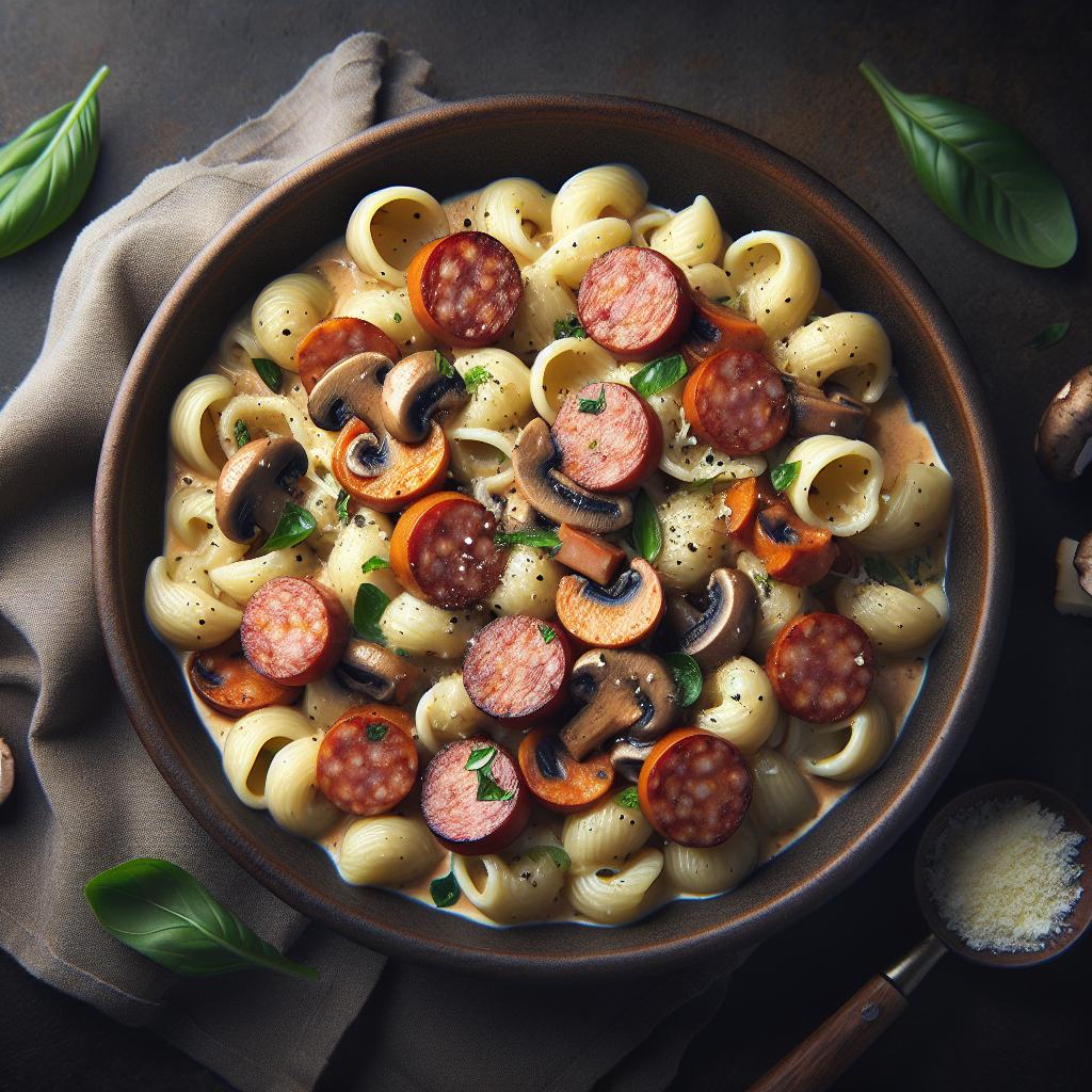 Orecchiette con salchicha y setas