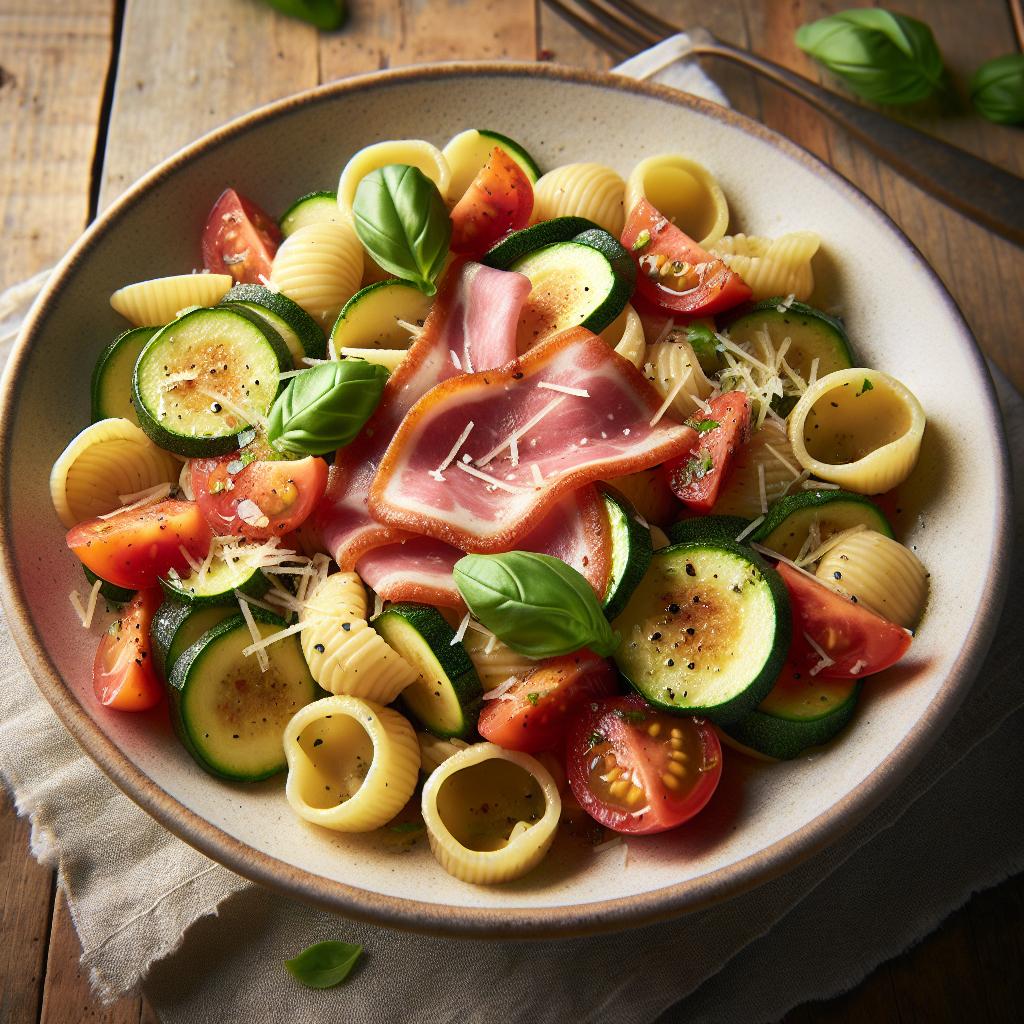 Orecchiette integrales con calabacines, tomate y speck