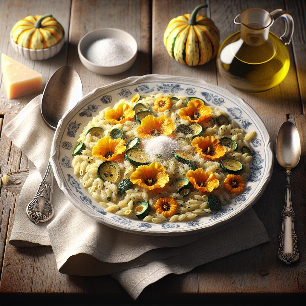 Orzotto con crema e fiori di zucca