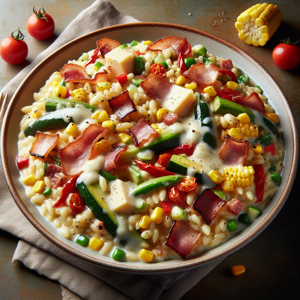 Orzotto con panceta, verduras y queso