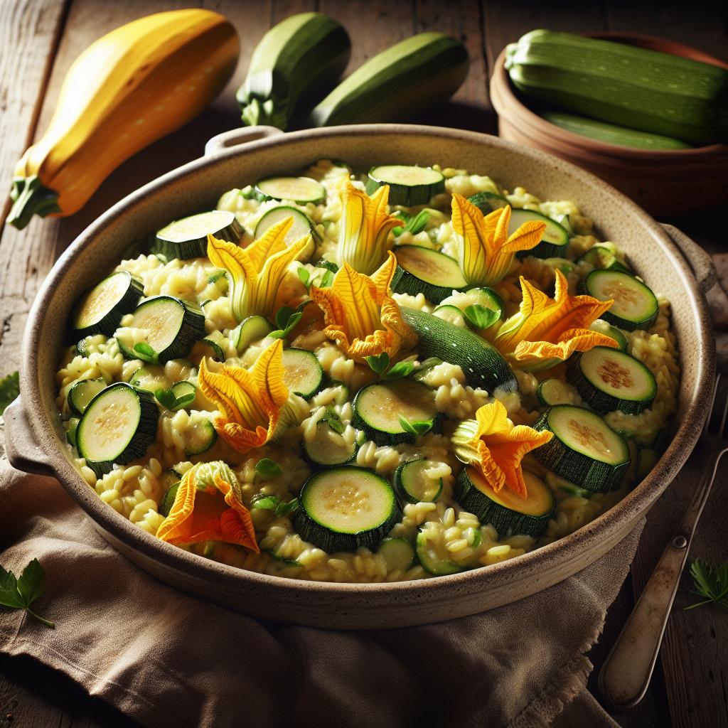 Orzotto con calabacines y flores de calabaza