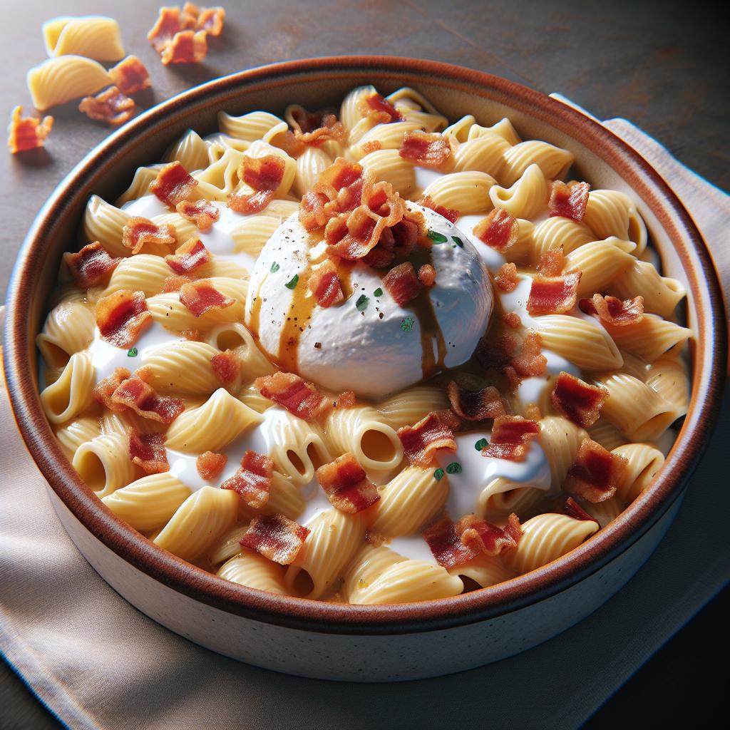 Paccheri con crema de burrata y panceta