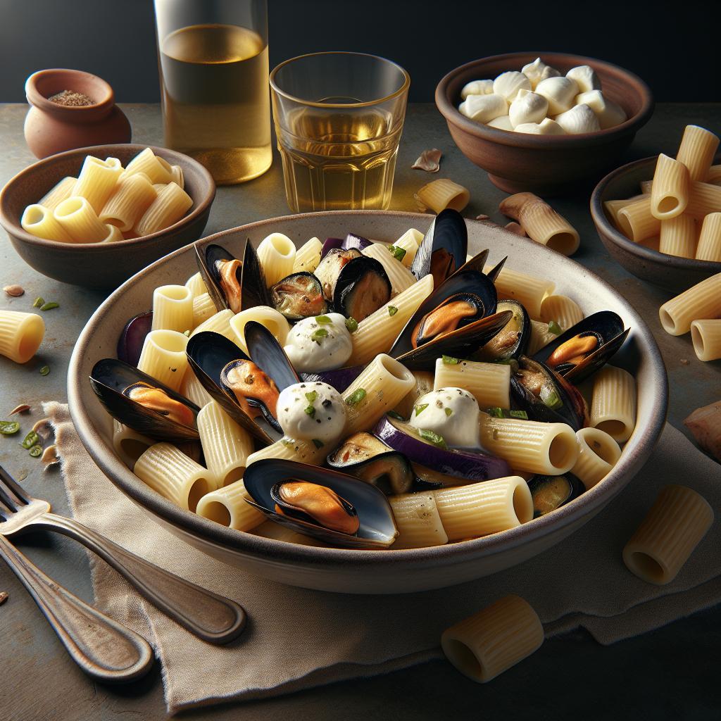 Paccheri con berenjenas, mejillones y mozzarella de búfala