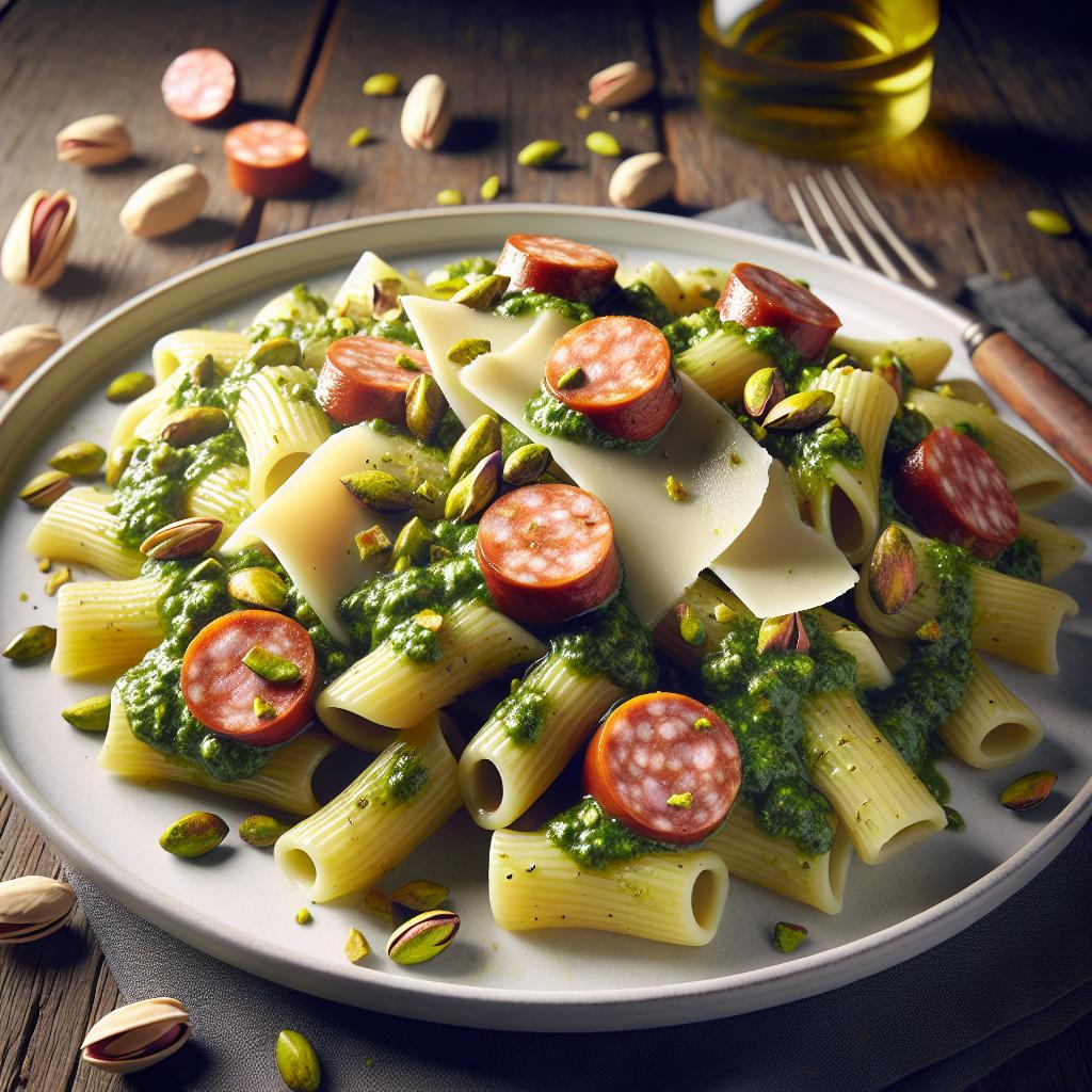 Paccheri con pesto de pistachos, salchicha y provola