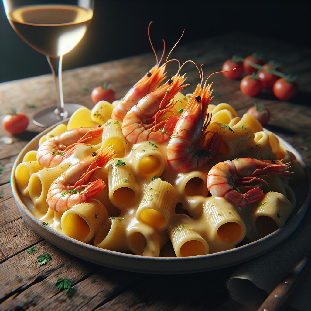 Paccheri con provola e gamberi