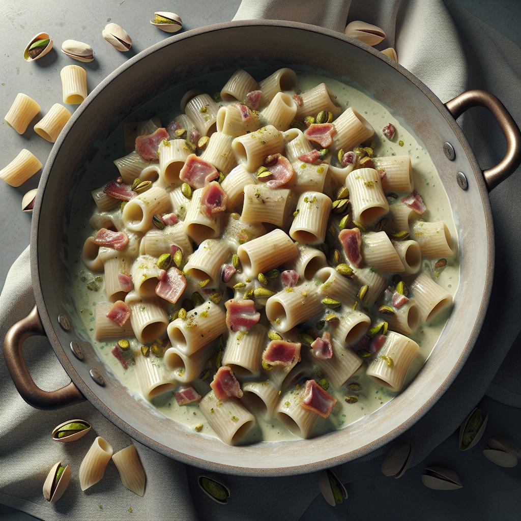 Paccheri cremosos con guanciale y pistacho