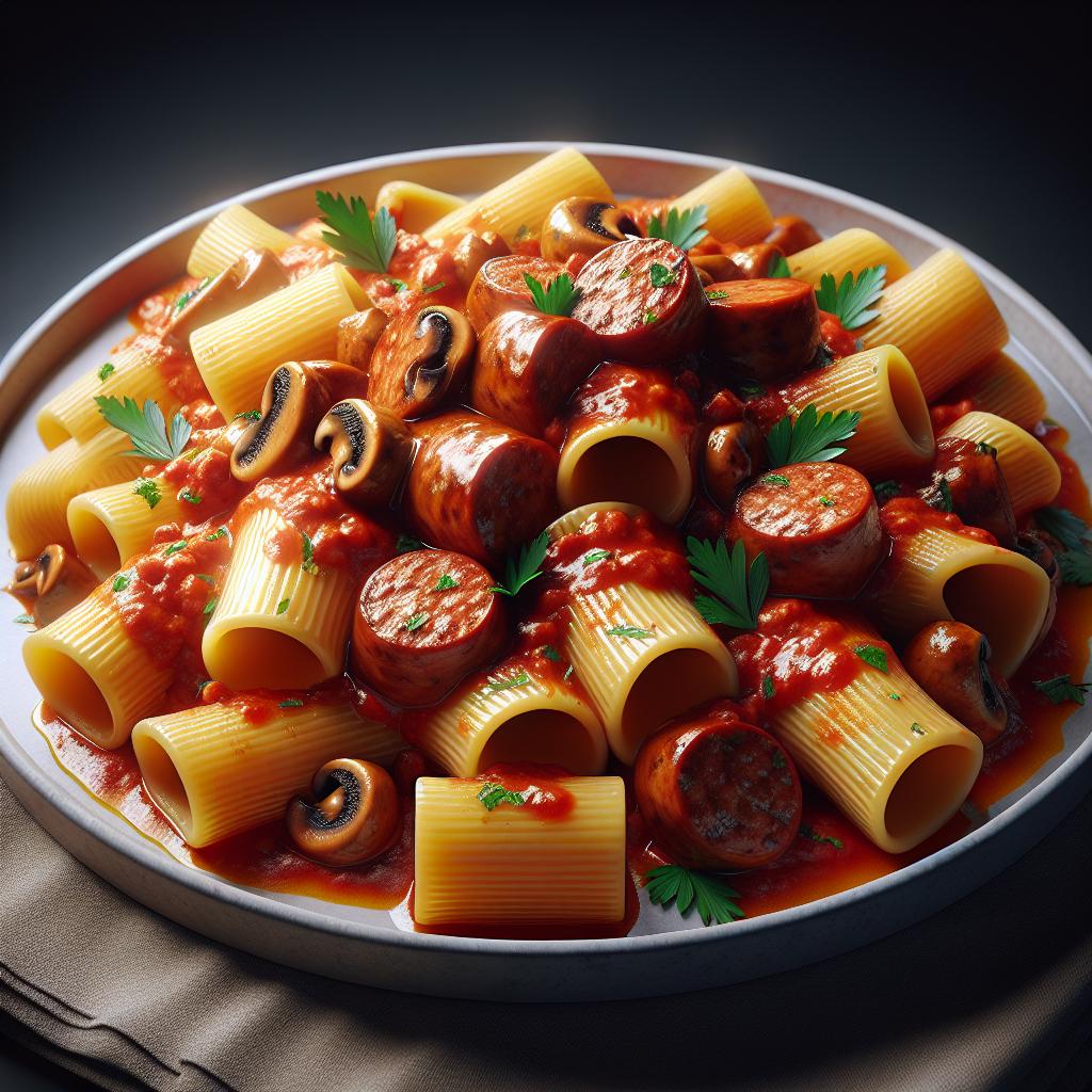 Paccheri rellenos con salchicha y setas