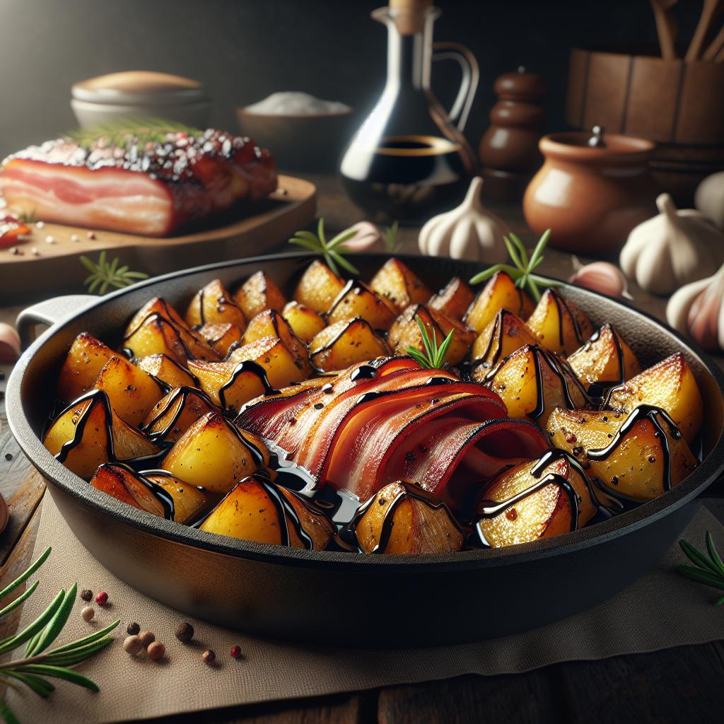 Panceta al balsámico con patatas con piel