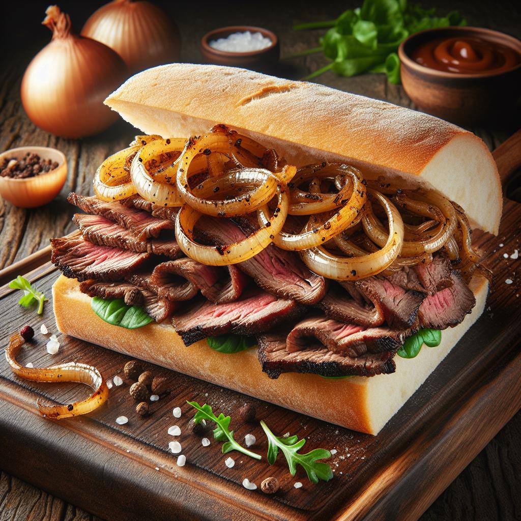 Bocadillo con roast beef y cebollas caramelizadas