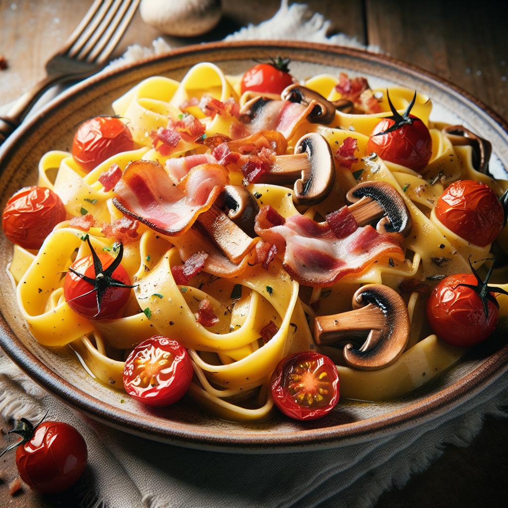 Pappardelle con piopparelli, pancetta e pomodorini