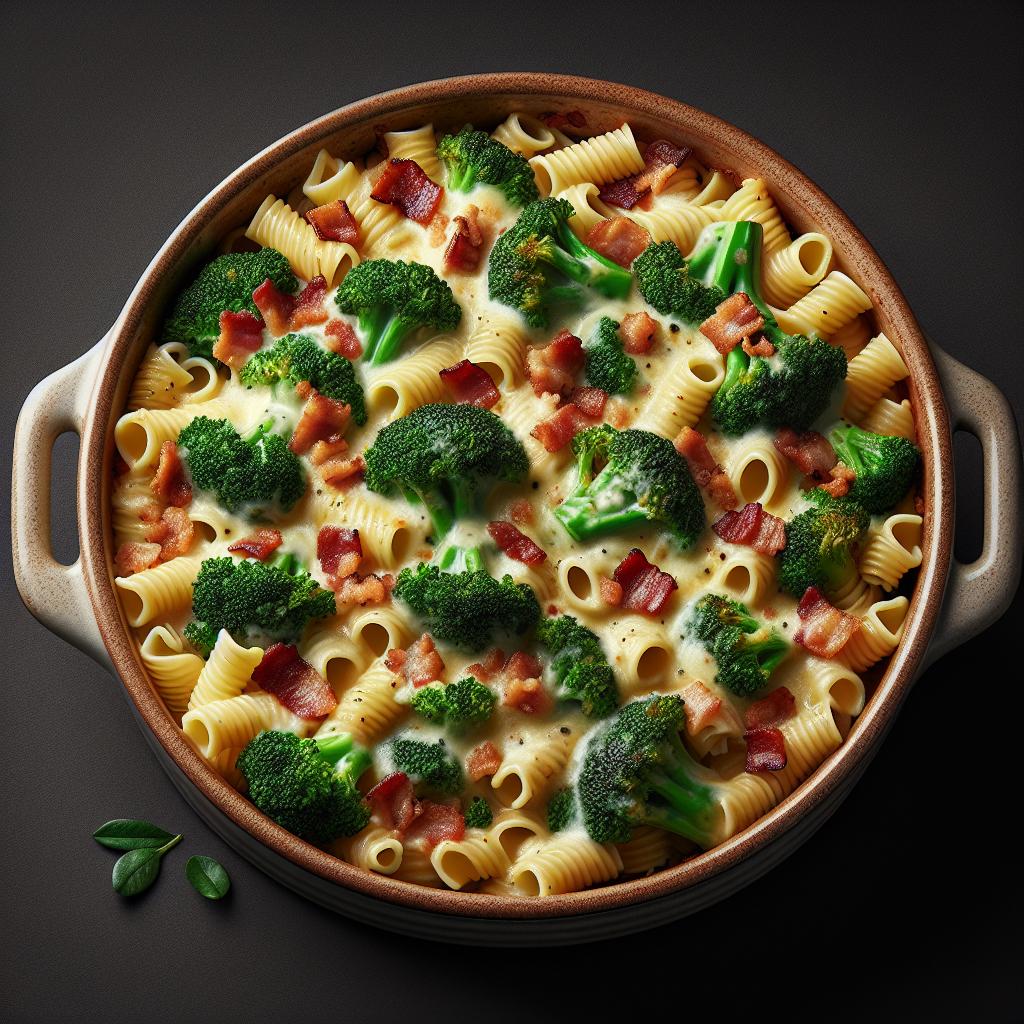 Pasta al horno con brócoli y panceta