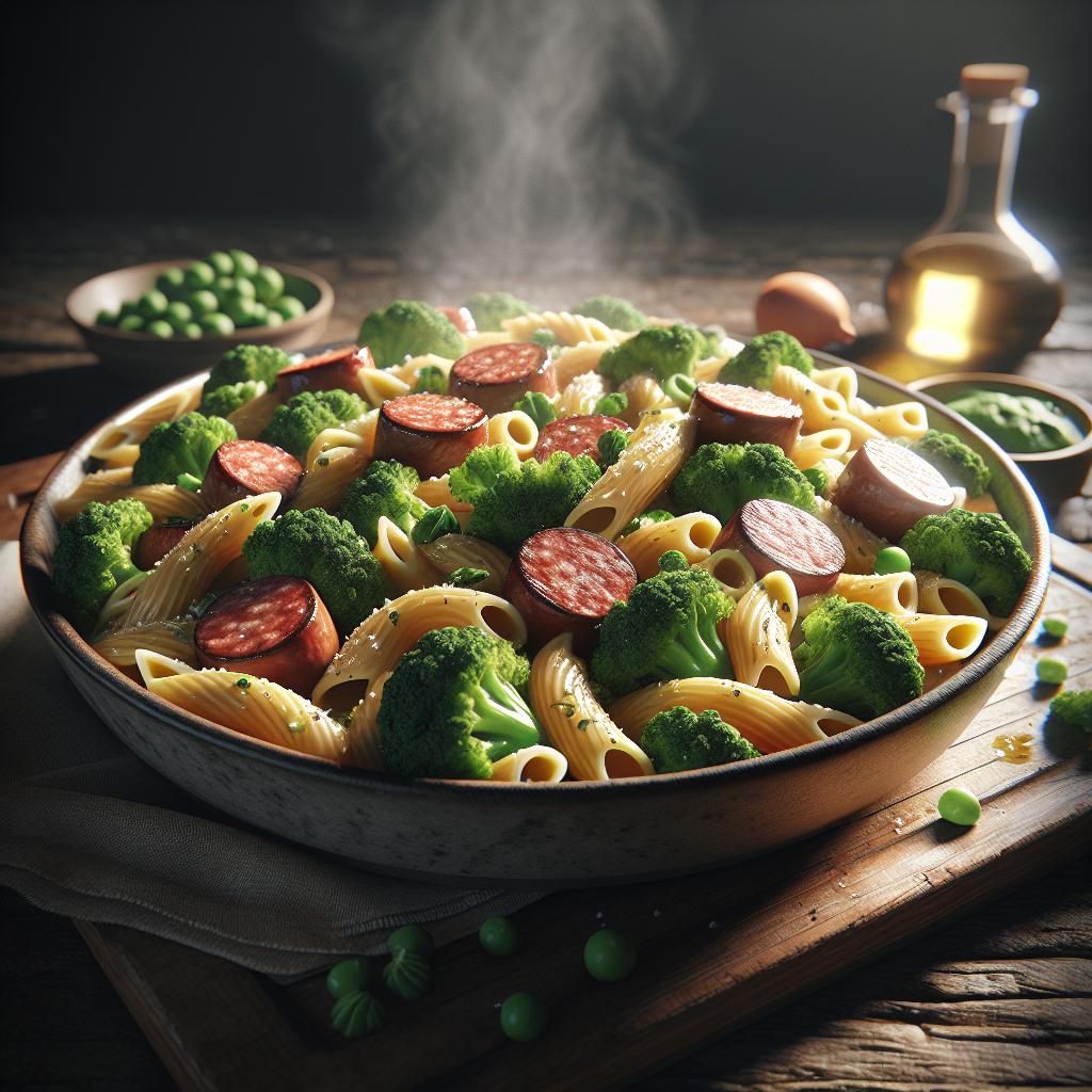 Pasta al horno con brócoli y salchicha