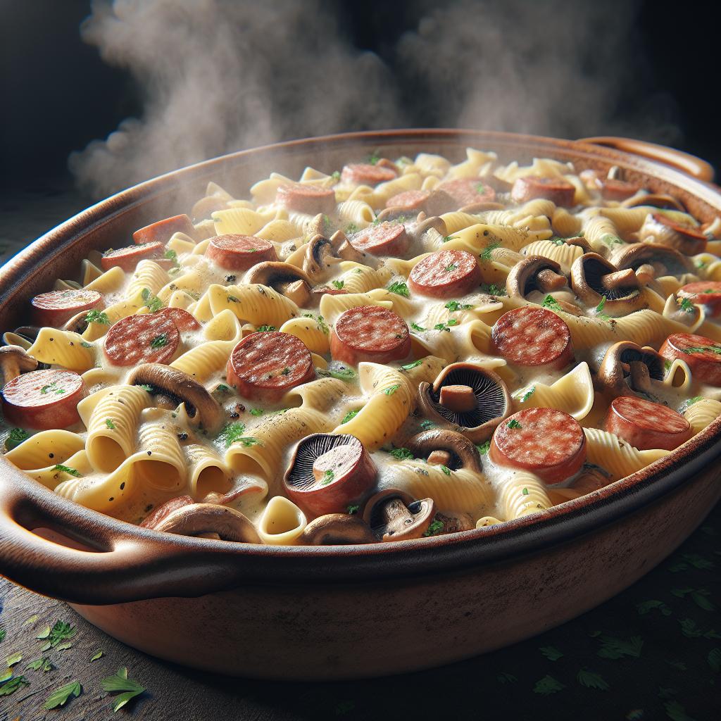 Pasta al horno con champiñones y salchicha
