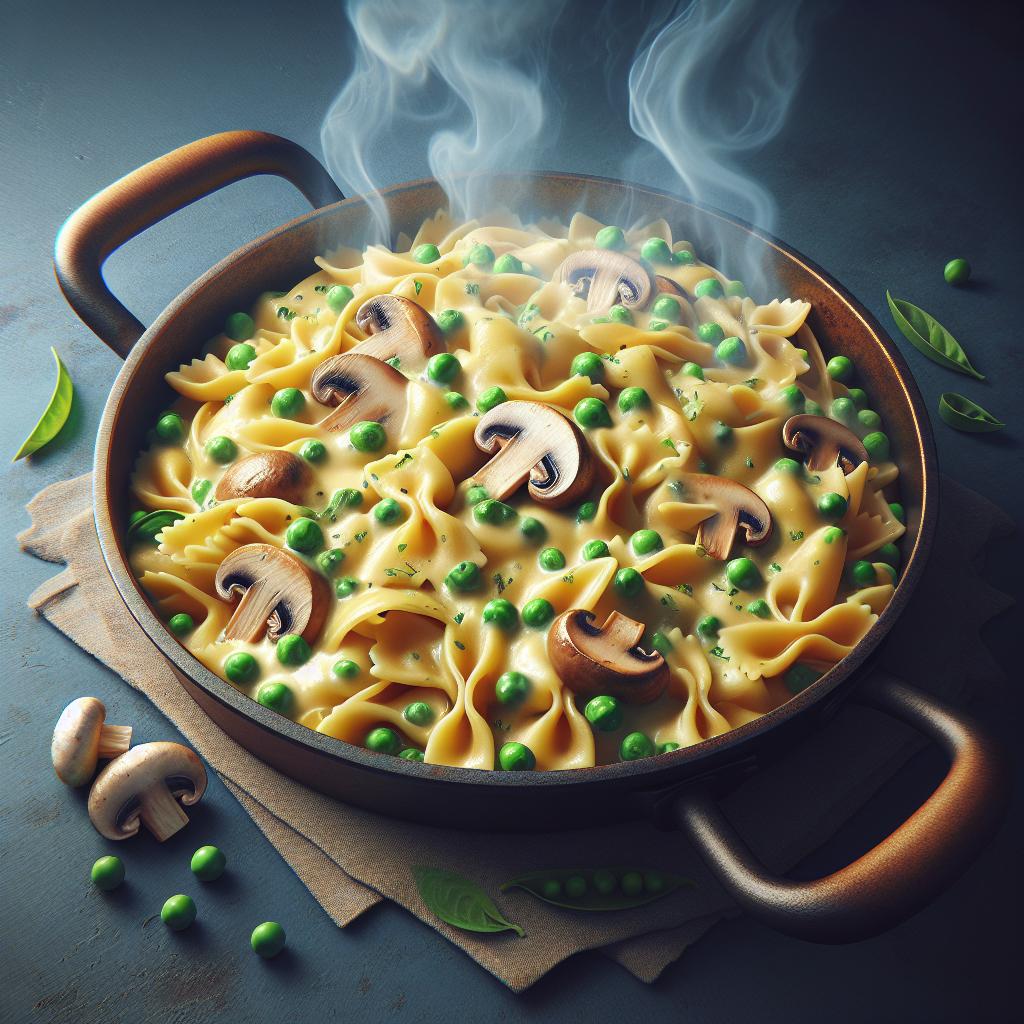 Pasta al horno con champiñones, guisantes y bechamel