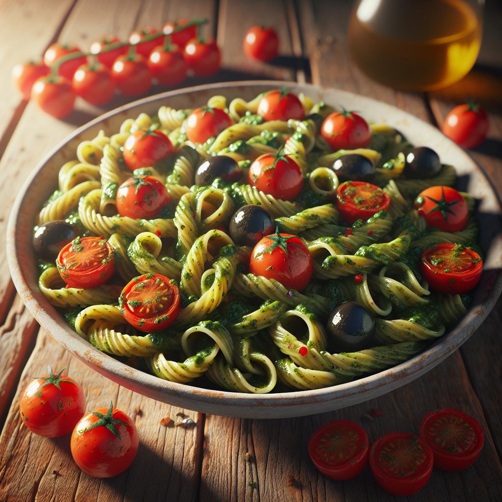 Pasta al pesto de judías verdes, tomates cherry y aceitunas