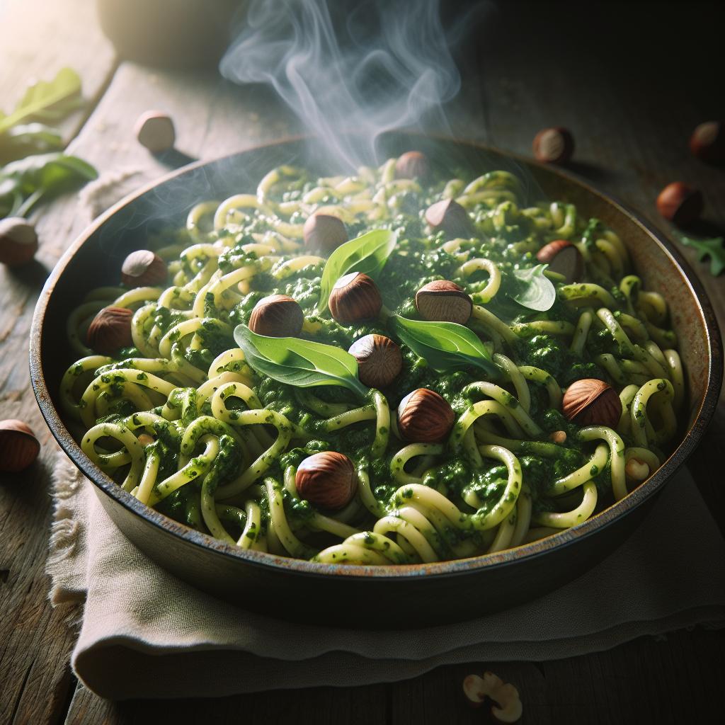 Pasta al pesto de rúcula y avellanas