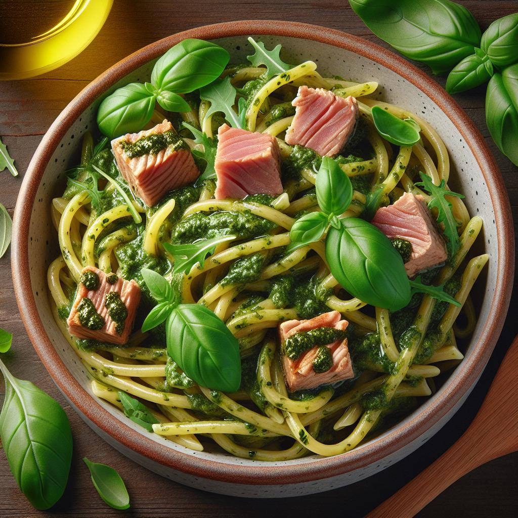 Pasta al pesto de rúcula y atún