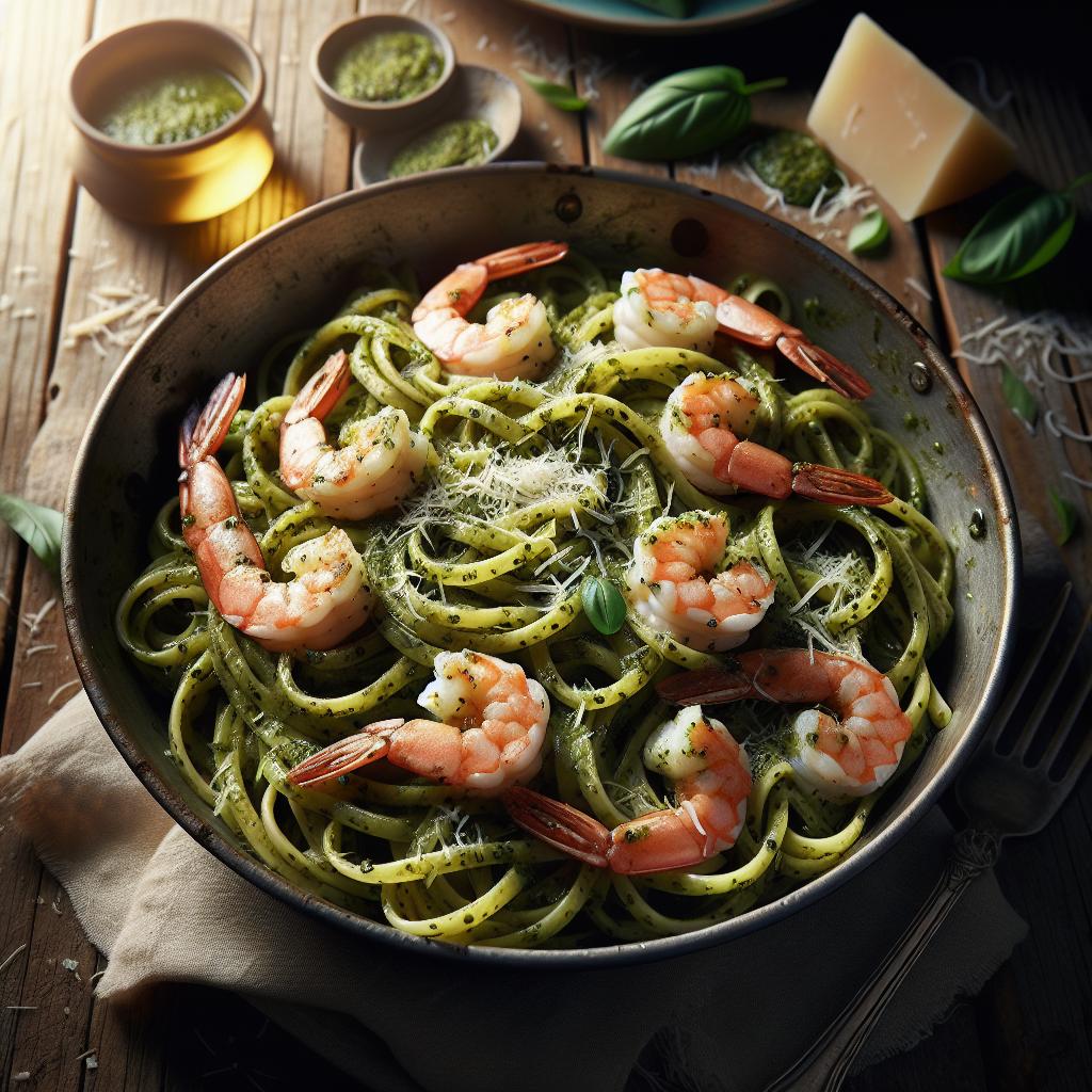 Pasta al pesto y gambas