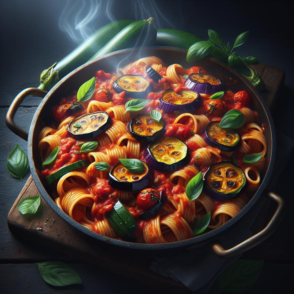Pasta al tomate asado con berenjenas y calabacines