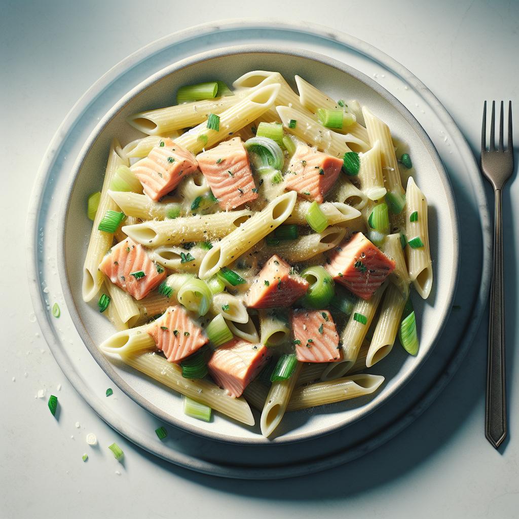 Pasta al salmón con crema de puerros