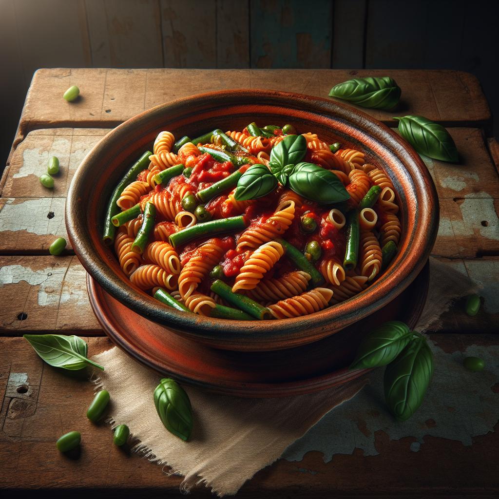 Pasta al sugo con judías verdes