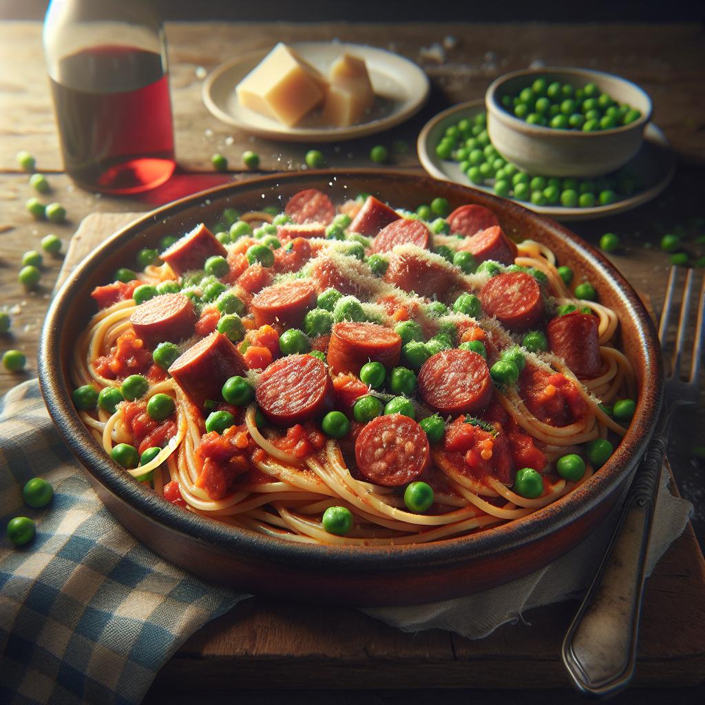 Pasta a la rústica con salchicha y guisantes