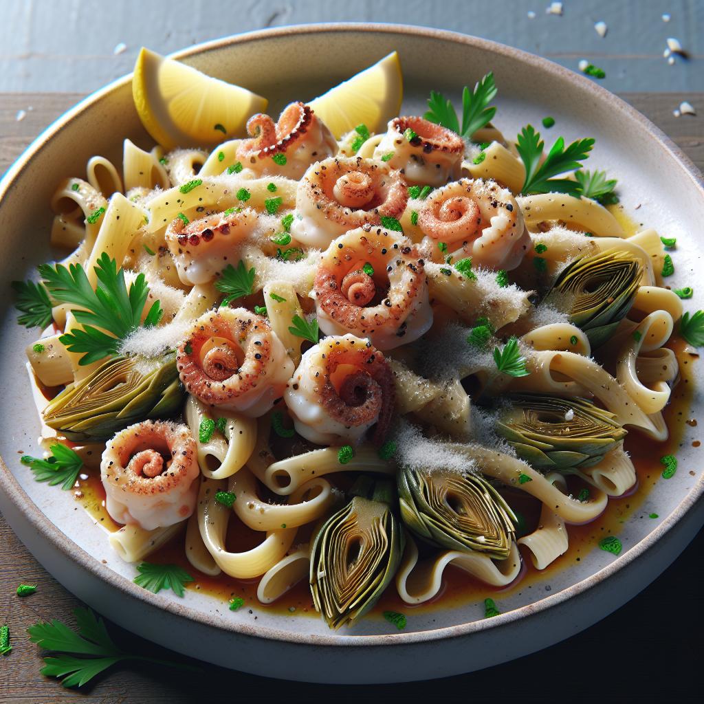Pasta con calamares y alcachofas