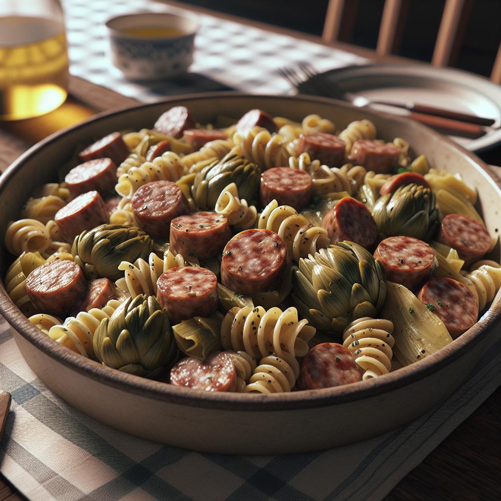 Pasta con alcachofas y salchicha