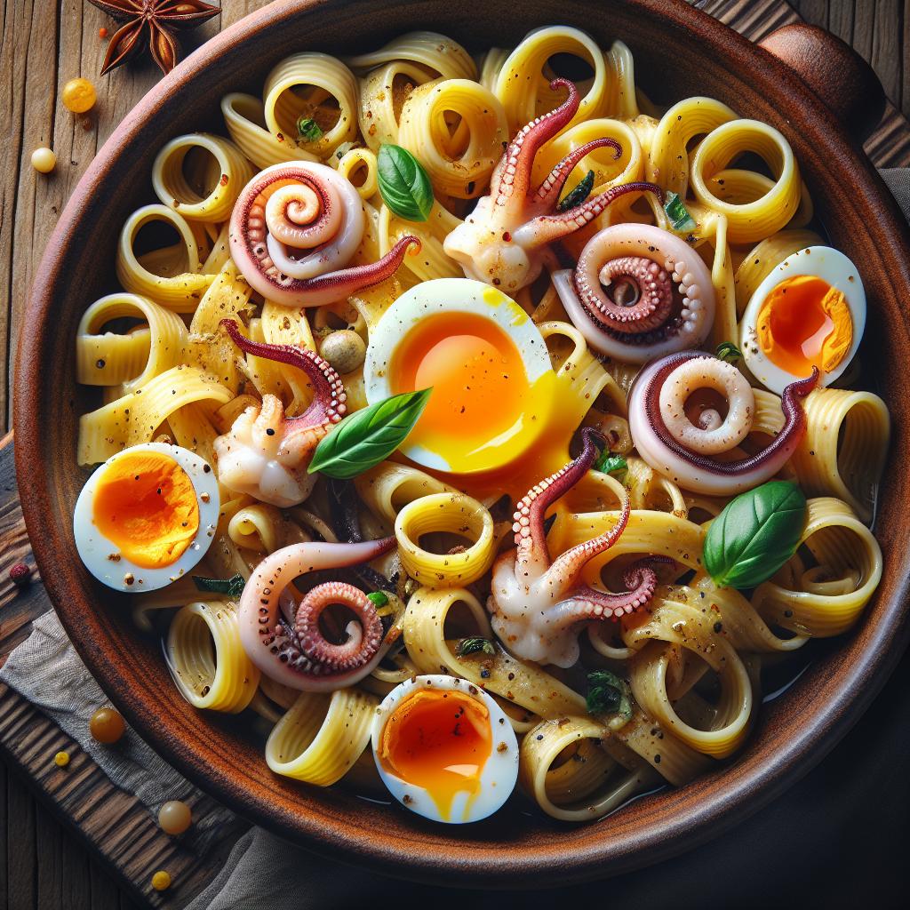 Pasta con calamares y yema de huevo dura