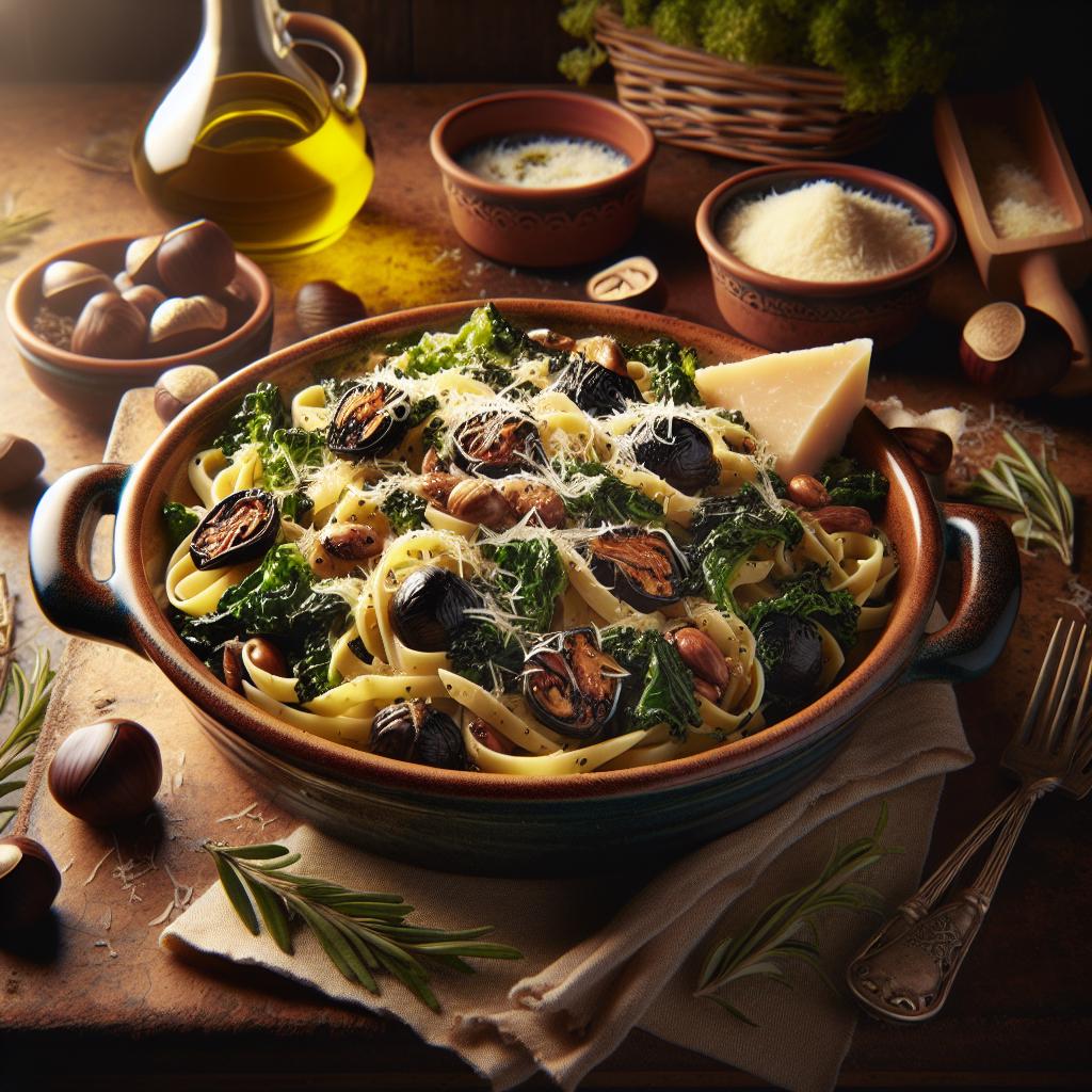Pasta con col rizada y castañas