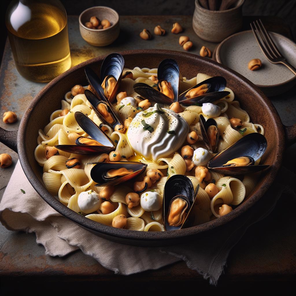 Pasta con garbanzos, mejillones y burrata