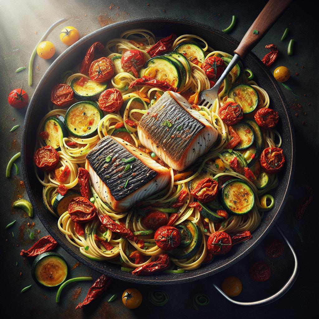 Pasta con cola de rape, calabacines y tomates secos