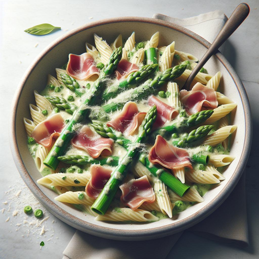 Pasta con Crema de Espárragos y Jamón Cocido