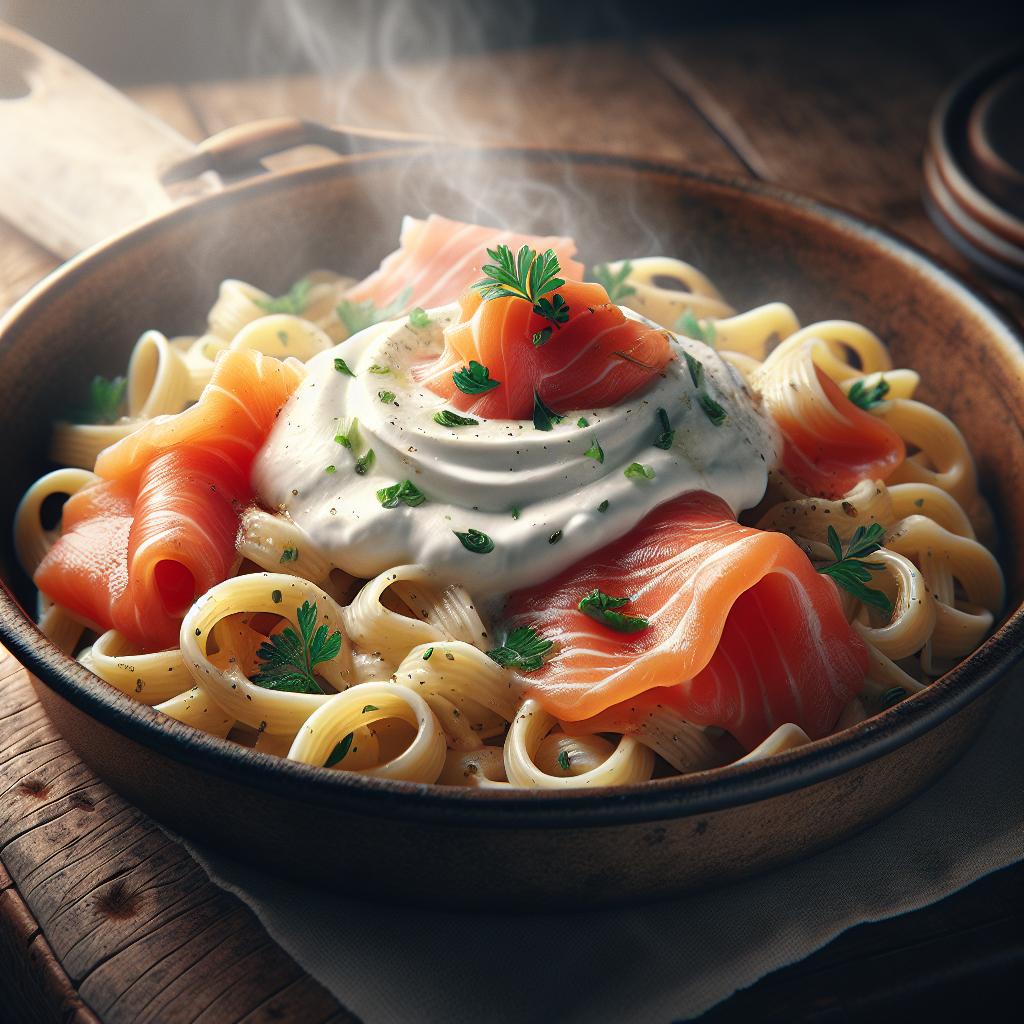 Pasta con crema de burrata y salmón ahumado