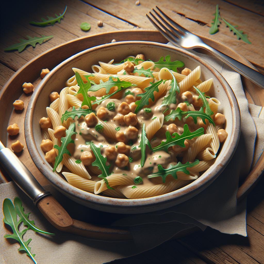 Pasta con crema de garbanzos y rúcula