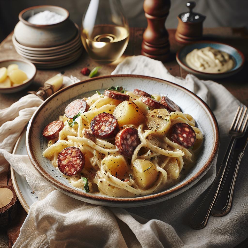 Pasta con crema de patatas y salchicha