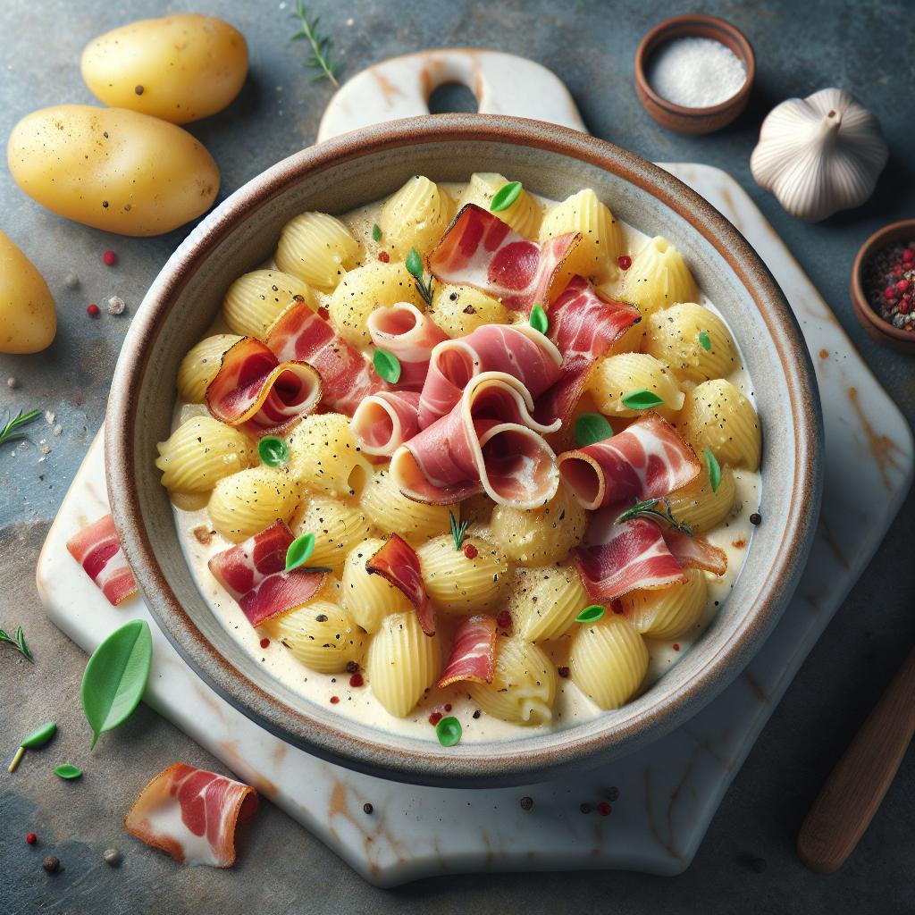 Pasta con crema de patatas y speck