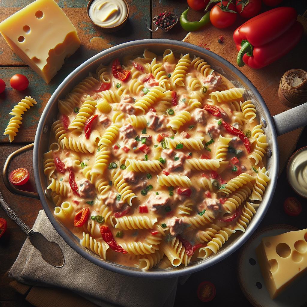 Pasta con crema de pimientos, caciotta y atún