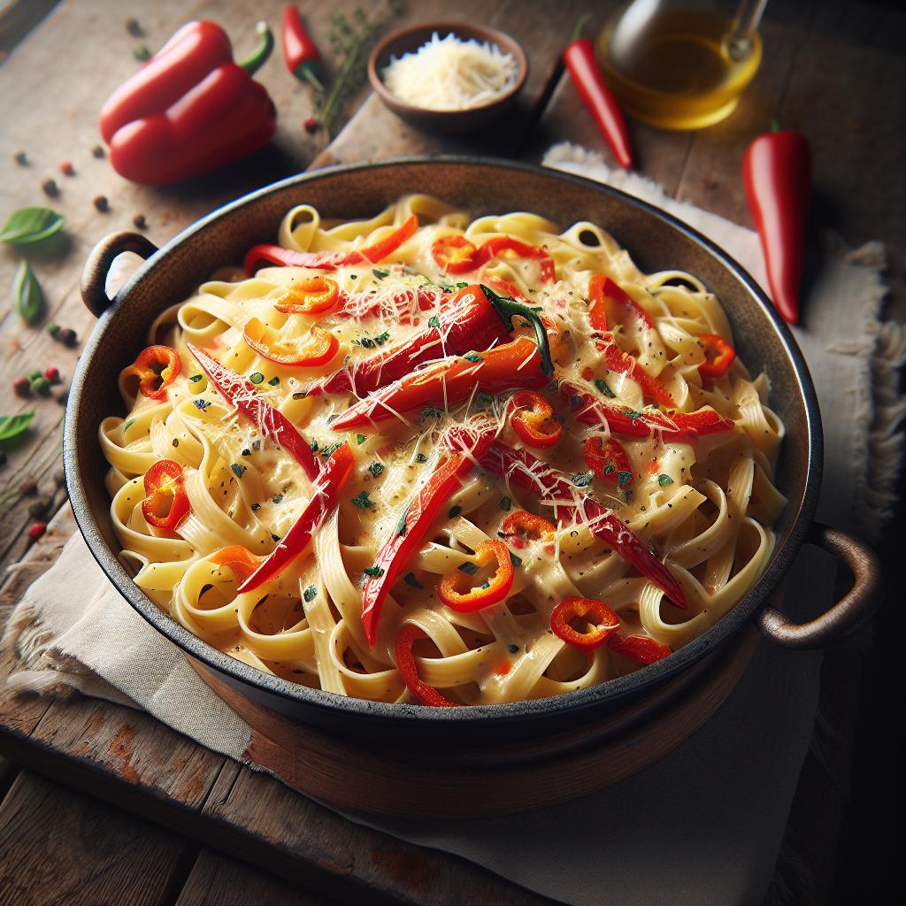 Pasta con crema de pimientos y queso