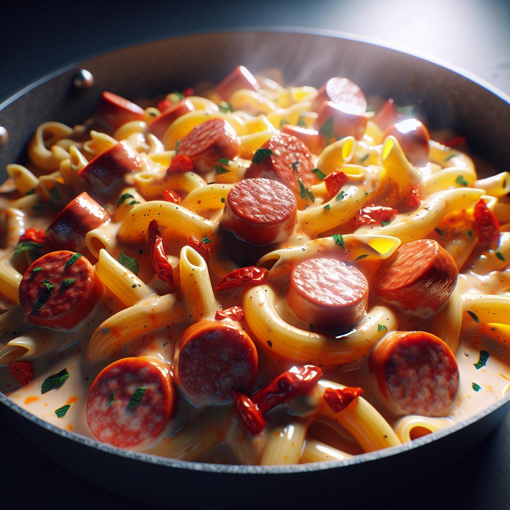 Pasta con crema de pimientos y salchicha