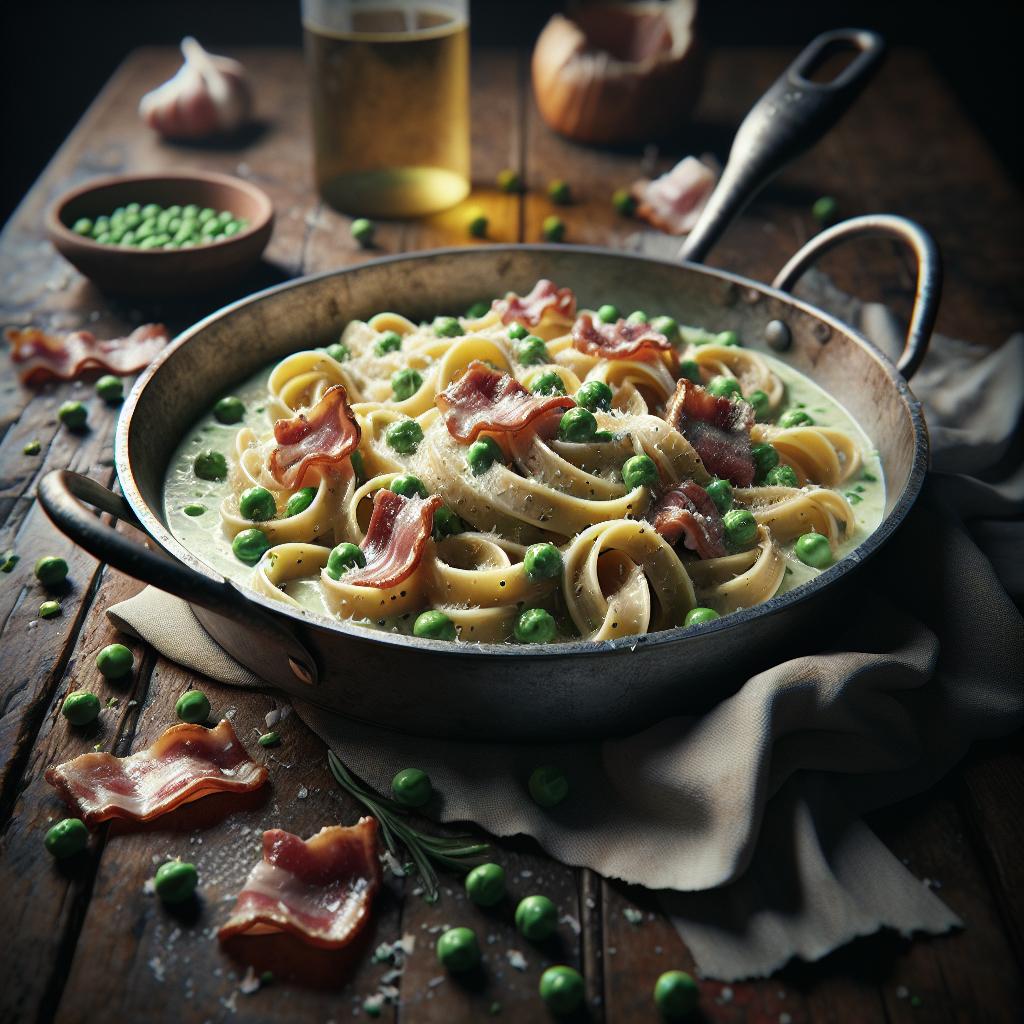 Pasta con crema de guisantes y guanciale