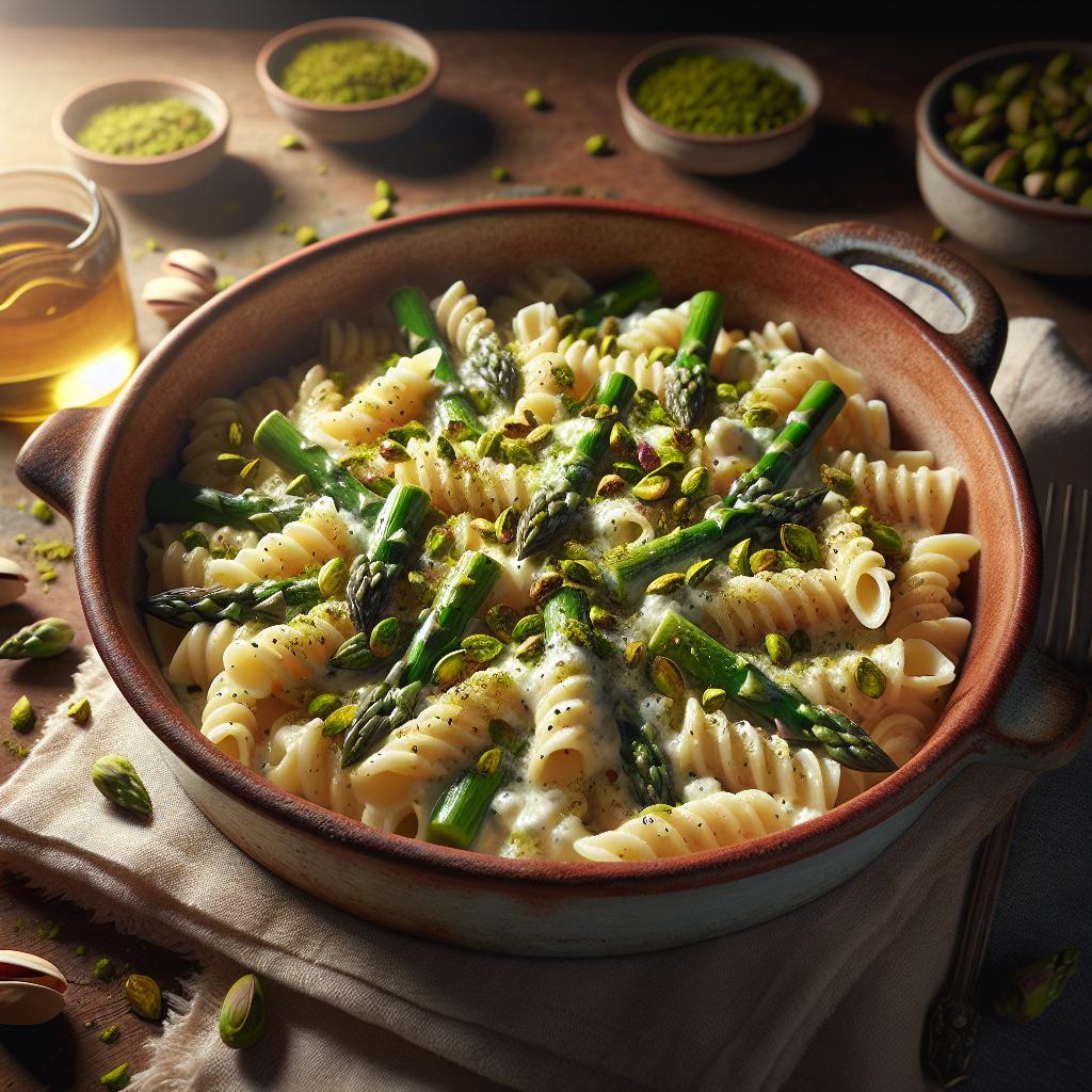 Pasta con crema di ricotta, asparagi e pistacchi