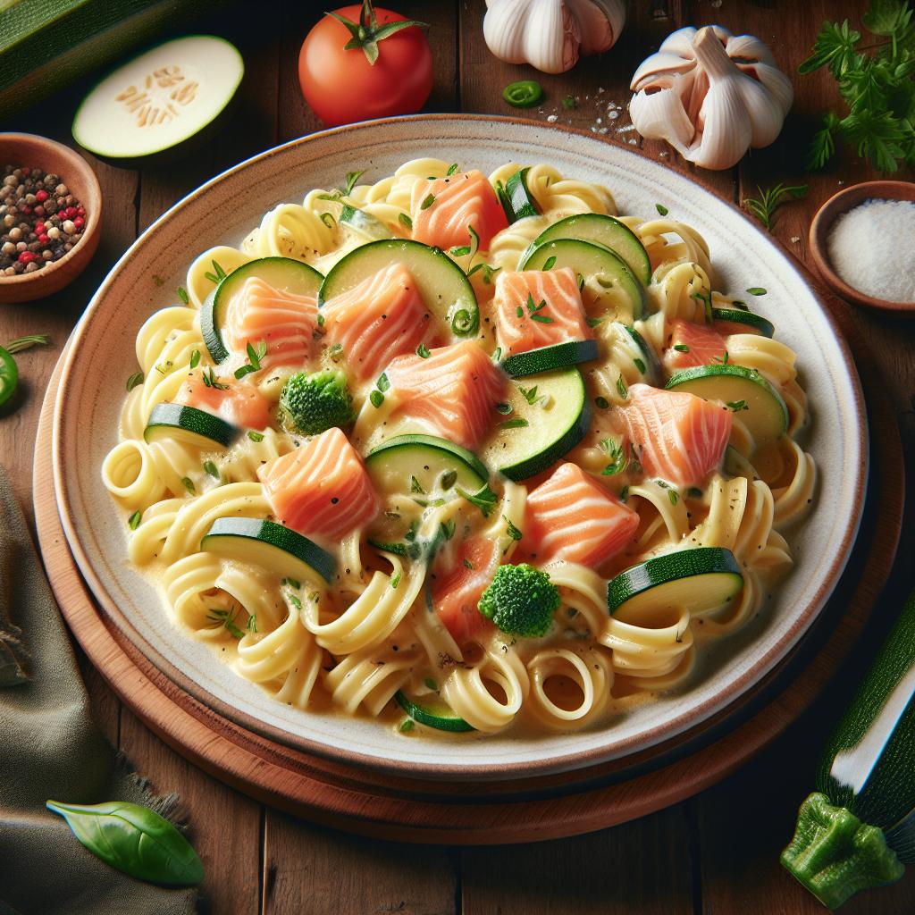 Pasta con crema de salmón y calabacines