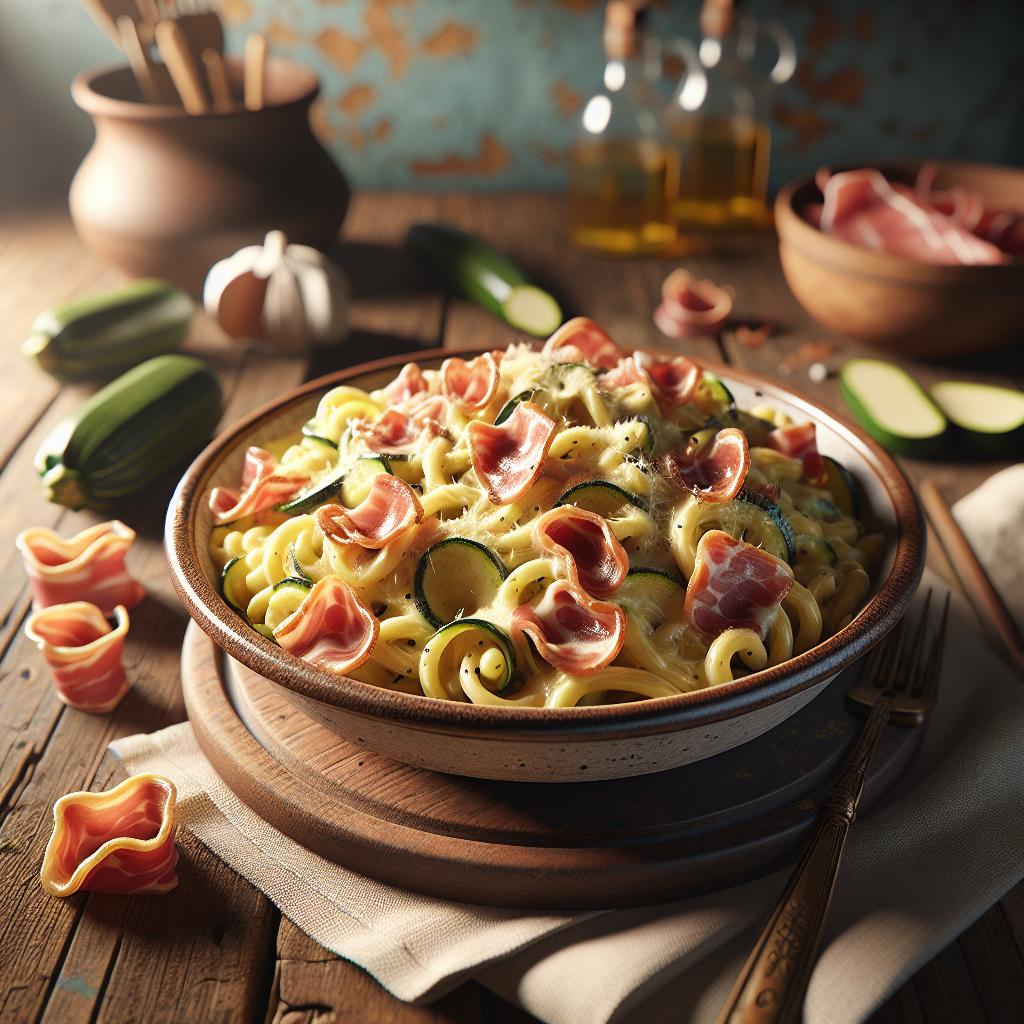 Pasta con crema de calabacines y speck