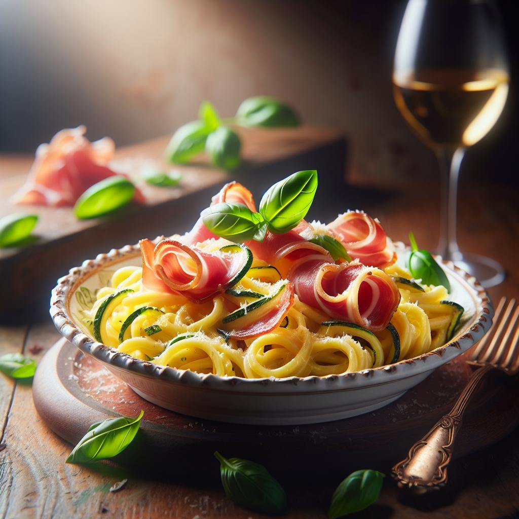 Pasta con crema de calabacines amarillos y jamón