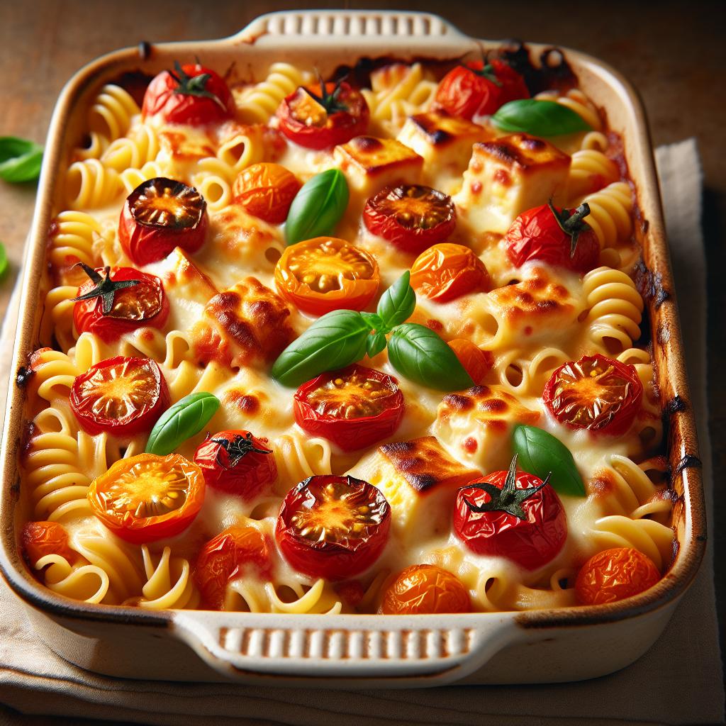 Pasta con feta y tomates cherry al horno
