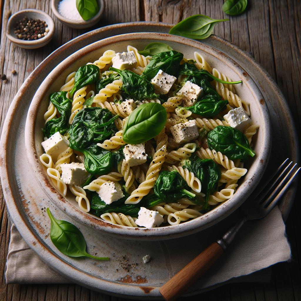 Pasta con feta y espinacas al horno